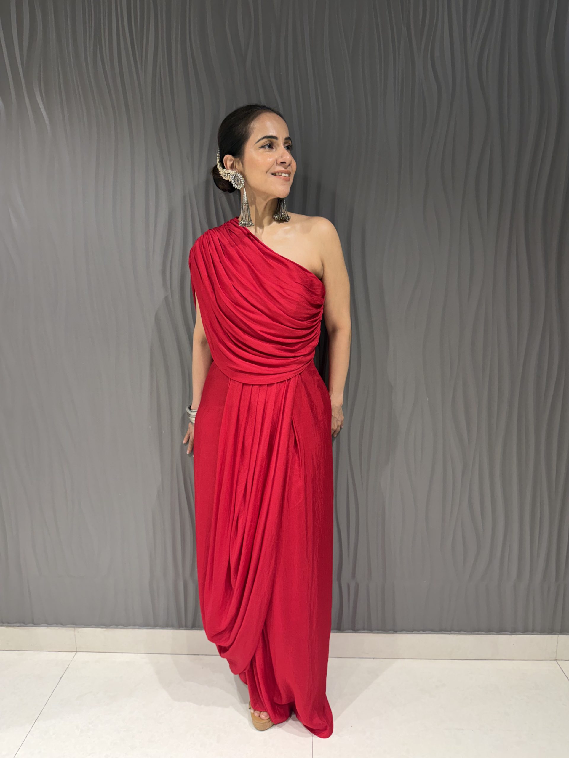 Red draped dress